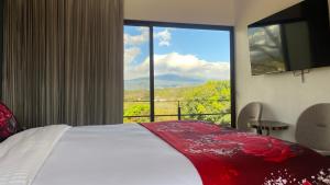 a bedroom with a bed and a large window at Casa Marigold in Coyol