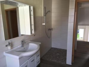 ein Bad mit einem Waschbecken und einer Dusche mit einem Spiegel in der Unterkunft Ferienhaus Bülow in Thale