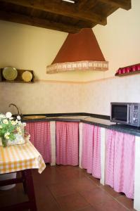 a kitchen with pink curtains and a counter with a microwave at Rural Montes Málaga: Lagar Don Sancho in Málaga