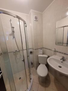 a bathroom with a shower and a toilet and a sink at Снежна приказка Пампорово в хотел Mountain Lodge ап 29 in Pamporovo