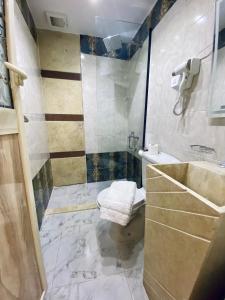 a bathroom with a shower and a toilet and a sink at Isis Pyramids View Inn in Cairo
