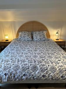 ein Bett mit einer blauen und weißen Bettdecke und zwei Lampen in der Unterkunft Maison bien-être avec bain nordique et sauna in Ferrières