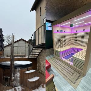 ein Haus mit Tauchbecken und Balkon in der Unterkunft Maison bien-être avec bain nordique et sauna in Ferrières