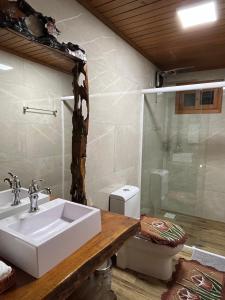 a bathroom with a sink and a shower and a toilet at Chalé 2 - Cordilheira Dos Canyons in Praia Grande