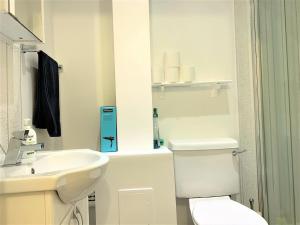 a white bathroom with a toilet and a sink at Cosy Rooms next to St Pancras Station in London