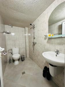 a bathroom with a toilet and a sink at Къща за гости Даутев Връх in Bansko