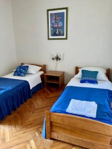 マンドレにあるQuaint 2 bedroom apartmentの青と白の部屋にベッドが2つある