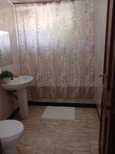 a bathroom with a shower curtain and a toilet at Annodas Homes Milimani Kisumu in Kisumu +35 photos