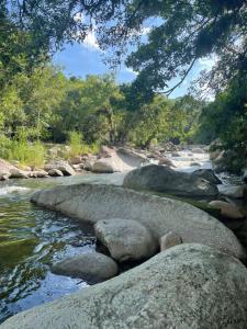 a river with rocks and trees in the background at Pouso in Paraty +4 photos