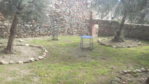ein blauer Tisch in einem Hof mit zwei Bäumen in der Unterkunft Can Peiri in Porrera