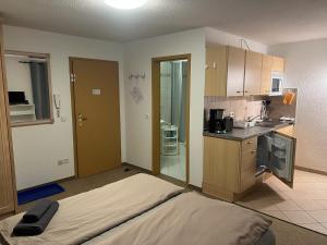 a room with a bed and a kitchen with a sink at Ferienapartment "An der Forellenschänke" in Sebnitz
