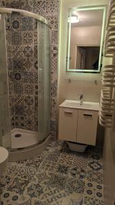 クリニツァ・モルスカにあるApartament Krynica Morskaのシャワー、洗面台、鏡を備えたバスルーム