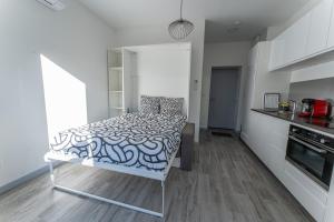 ein Schlafzimmer mit einem Bett in der Mitte einer Küche in der Unterkunft Studio cosy avec jardin privatif proche transport in Vénissieux