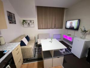 a small living room with a couch and a tv at Airrose Rems apartment in Wolverhampton