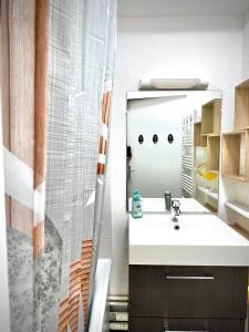 a bathroom with a sink and a shower with a mirror at La joue du loup, aux pieds des pistes et vue sur montagnes in La Joue du Loup +25 photos