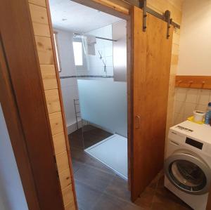 łazienka z pralką i szklanymi drzwiami w obiekcie Ferienhaus Pernull w mieście Hermagor