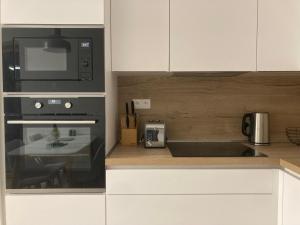 a kitchen with a microwave oven and a sink at Apartmán Mariánská Hora in Albrechtice v Jizerských horách