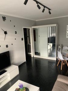 a living room with a couch and a tv at Apartament na Jasnym in Dzierżoniów