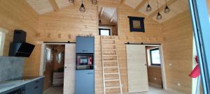a tiny house with wooden walls and a ladder at Cabane des Roches à 2 min de Vulcania - Calme et Nature in Saint-Ours
