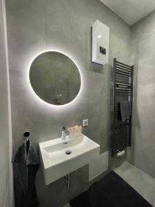 ein Badezimmer mit einem weißen Waschbecken und einem Spiegel in der Unterkunft Danisman Apartments 3 Zentral - Smart - Modern in Saarbrücken
