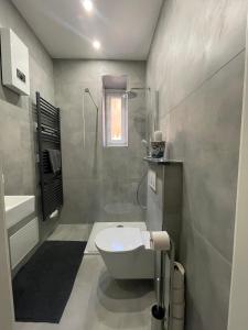 ein Badezimmer mit Toilette, Dusche und Waschbecken in der Unterkunft Danisman Apartments 3 Zentral - Smart - Modern in Saarbrücken