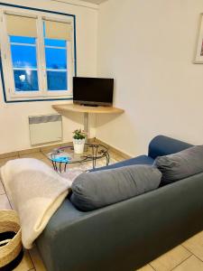 a blue couch in a living room with a television at Studio du Mesnil in Équemauville +6 photos