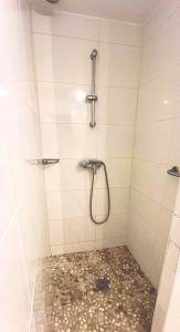 a bathroom with a shower with a tile floor at Studio du Mesnil in Équemauville