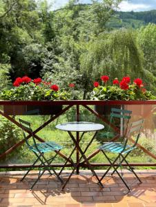 a patio with a table and two chairs and flowers at Chez Mathias 2 bedrooms 2 beds cribs garage in Kaysersberg +5 photos