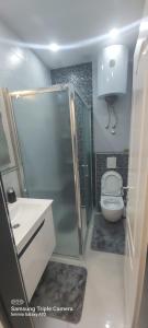 a bathroom with a toilet and a shower and a sink at STUDIO APARTMAN SOl in Tuzla