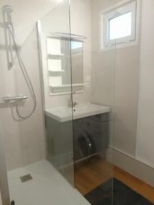 ein Badezimmer mit Glasdusche und Waschbecken in der Unterkunft OPALINE T3 lumineux avec patio et parking privé in Dunkerque + 11 Fotos