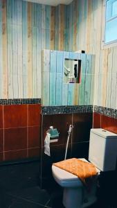 een badkamer met een toilet en een spiegel bij Color Ville Hotel SHA Certified in Sakon Nakhon