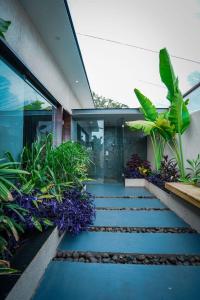 a house with a blue floor and some plants at Amour Resort & Spa Pawana in Kolvan