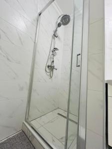 a shower with a glass door in a bathroom at Szabo Laszlo Vip Apartman in Hajdúszoboszló +12 photos