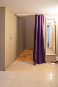 a room with a purple curtain and a mirror at Apartment Jindrisska 25 in Prague