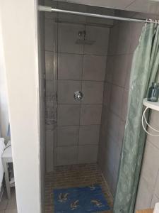 a shower with a glass door and a shower curtain at Hearts Cottage in Kimberley +17 photos