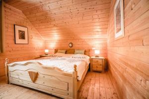 a bedroom with a bed in a wooden cabin at Schmuckstück in Hasselfelde