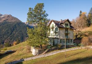 a house on a hill with a tree at Chalet Hunnenfluh Garden Apartment in Wengen