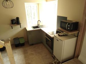 a small kitchen with a sink and a microwave at Le Moulin de la Baleine, au calme, en pleine nature in La Baleine +15 photos