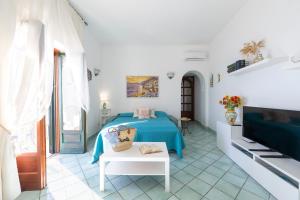 Un dormitorio con una cama y un televisor en una habitación. en CASA RITALEMMA', en Amalfi