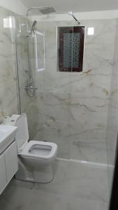 a bathroom with a toilet and a glass shower at Osmenaj Studios in Vlorë