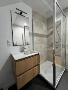 a bathroom with a sink and a shower at Appartement Hortensias in Crévin