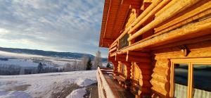 Cabaña de madera con vistas a una montaña nevada en Chalet Gabriela, en Şarul Dornei
