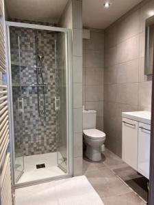 a bathroom with a shower with a toilet and a sink at Californication in Schoenecken +5 photos