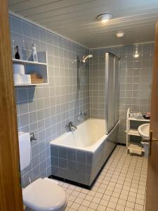 a bathroom with a tub and a toilet and a sink at Land-Haus Sonnenhang in Lorch am Rhein