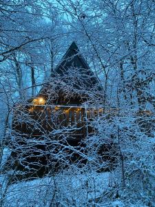a school bus covered in snow in a forest at Woodhouse Durbuy nr. 141 in Durbuy