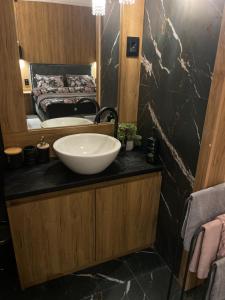 a bathroom with a sink and a mirror at Lux Dabich 2 in Novi Sad +10 photos