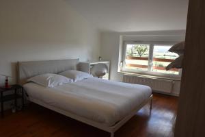 a bedroom with a white bed and a window at Quiet apartment behind Cattenom in Thionville
