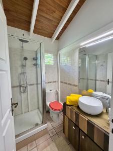 a bathroom with a shower and a toilet and a sink at Villa O'Mullane in Le Diamant +33 photos