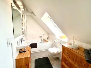 a bathroom with a sink and a toilet and a window at Ysenberc Apartments in Moritzburg +9 photos
