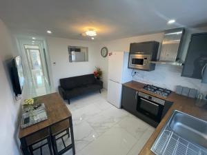 邓斯特布尔Newly built modern flat with free parking close to London Luton airport and L&D hospital的房间里有带冰箱和沙发的厨房